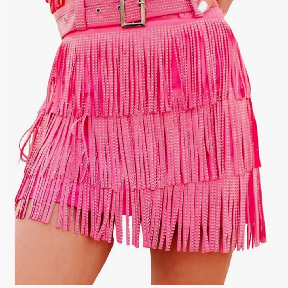 Rhinestone Fringe Mini Skirt in Hot Pink